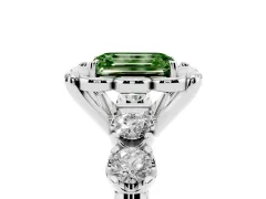 Fancy Green Emerald Cut Diamond Floral Halo Ring Set in Platinum with Shared Prong Band