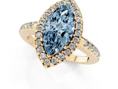 Fancy Blue Marquise Cut Diamond Pavé Halo Ring Set in Yellow gold with Prong Setting