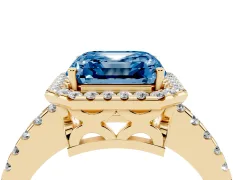 Fancy Blue Asscher Cut Diamond Halo Ring Set in Yellow gold with Pavé Shoulders and Halo-Framed Center