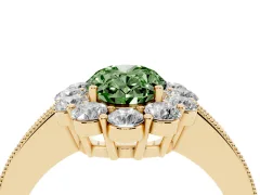 Fancy Green Oval Cut Diamond Halo Pavé Engagement Ring Set in Yellow gold with Milgrain Detailing