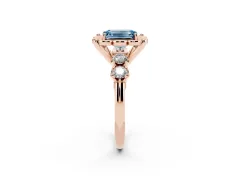 Fancy Blue Emerald Cut Diamond Floral Halo Ring Set in Rose gold with Shared Prong Band