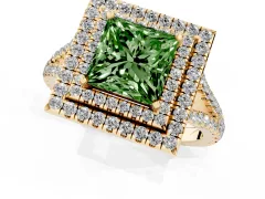 Fancy Green Princess Cut Diamond Double Halo Ring Set in Yellow gold with Pavé Band