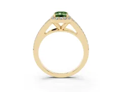 Fancy Green Emerald Cut Diamond Halo Split Shank Pavé Ring Set in Yellow gold with Prong Setting