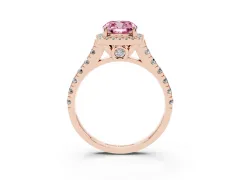 Fancy Pink Cushion Cut Diamond Halo Engagement Ring Set in Rose gold with Pavé Band and Prong-Set Center
