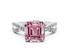 Fancy Pink Asscher Cut Diamond Twist Pavé Solitaire Engagement Ring Set in Platinum with Prong Setting