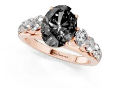 Fancy Black Oval Cut Diamond Solitaire Ring Set in Rose gold with Pavé-Set Band and Prong Setting