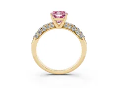 Fancy Pink Cushion Cut Diamond Pavé Band Solitaire Ring Set in Yellow gold with Close-Set Accent Stones and Prong Setting