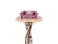 Fancy Pink Asscher Cut Diamond Halo Twist Band Solitaire Ring Set in Rose gold with Prong Setting
