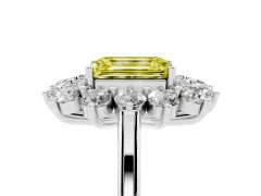 Fancy Yellow Emerald Cut Diamond Floral Double Halo Ring Set in White gold with Round Petals