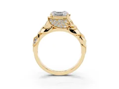 Asscher Cut Diamond Leaf-Inspired Engagement Ring Set in Yellow gold with Round Accents