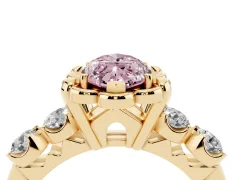 Fancy Pink Marquise Cut Diamond Floral Halo Ring Set in Yellow gold with Shared Prong Band