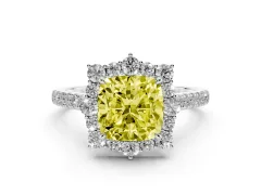 Fancy Yellow Cushion Cut Diamond Halo Ring Set in White gold with Pavé Band and Prong Setting