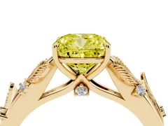 Fancy Yellow Cushion Cut Diamond Solitaire Ring Set in Yellow gold with Leaf Motif Band