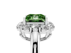 Fancy Green Princess Cut Diamond Milgrain Halo Solitaire Ring Set in White gold with Bezel Set Side Stones and Pavé Band