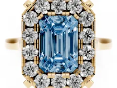 Fancy Blue Emerald Cut Diamond Cluster Halo Solitaire Ring Set in Yellow gold with Prong Setting