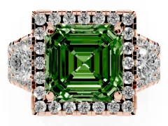 Fancy Green Asscher Cut Diamond Halo Split Shank Ring Set in Rose gold with Round Accent Stones and Prong Setting