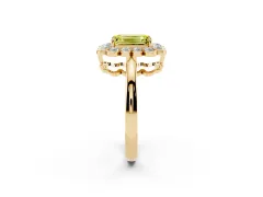 Fancy Yellow Emerald Cut Diamond Halo Cluster Engagement Ring Set in Yellow gold with Solitaire Band and Prong Setting
