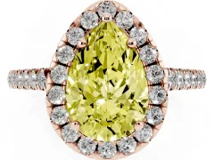 Fancy Yellow Pear Cut Diamond Pavé Halo Engagement Ring Set in Rose gold with Pavé Band and Prong Setting