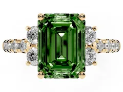 Fancy Green Emerald Cut Diamond Three-Stone Pavé Ring Set in Yellow gold with Prong Setting