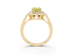 Fancy Yellow Oval Cut Diamond Halo Ring Set in Yellow gold with Accent-Lined Split Shank and Prong Setting