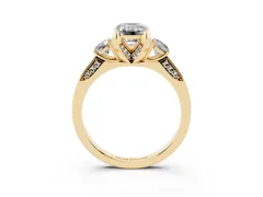 Fancy Yellow Emerald Cut Diamond Three-Stone Ring Set in Yellow gold with Pavé Band and Smaller Side Stones