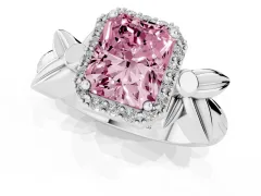 Fancy Pink Radiant Cut Diamond Halo Floral Band Ring Set in Silver with Prong Setting