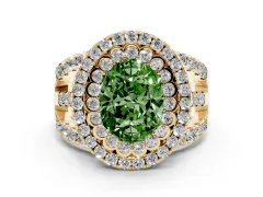 Fancy Green Oval Cut Diamond Double Halo Ring Set in Yellow gold with Round Pavé Split Shank