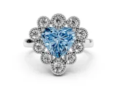 Fancy Blue Heart Cut Diamond Cluster Halo Ring Set in Silver with Milgrain Bezel Accents and Plain Band