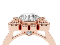 Round Cut Diamond Cluster Halo Ring Set in Rose gold with Milgrain Bezel Accents and Plain Band
