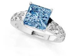 Fancy Blue Princess Cut Diamond Solitaire Ring Set in Silver with Cut-Down Micro Pavé Band and Prong Setting