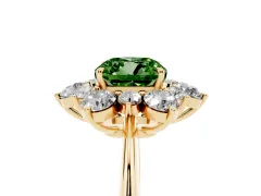 Fancy Green Cushion Cut Diamond Cluster Halo Ring Set in Yellow gold with Solitaire Band and Prong Setting
