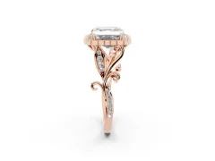 Asscher Cut Diamond Halo Ring Set in Rose gold with Leaf Motif Split Shank and Prong Setting