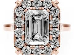 Emerald Cut Diamond Cluster Halo Solitaire Ring Set in Rose gold with Prong Setting