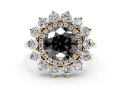 Fancy Black Round Cut Diamond Floral Double Halo Ring Set in Yellow gold with Round Petals