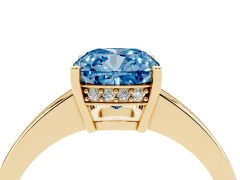 Fancy Blue Cushion Cut Diamond Pavé Band Prong Set Solitaire Ring Set in Yellow gold