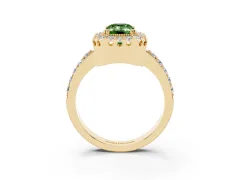 Fancy Green Emerald Cut Diamond Halo Ring Set in Yellow gold with Pavé Shank and Prong Setting