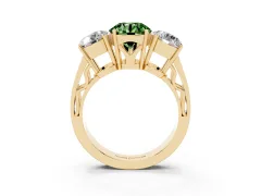 Fancy Green Round Cut Diamond Three-Stone Ring Set in Yellow gold with Textured Band