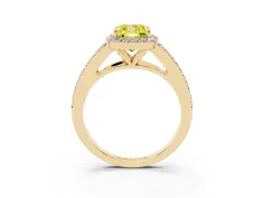 Fancy Yellow Cushion Cut Diamond Halo Split Shank Pavé Ring Set in Yellow gold with Prong Setting