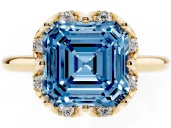 Fancy Blue Asscher Cut Diamond Round Cluster Halo Ring Set in Yellow gold with Solitaire Band and Prong Setting