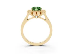 Fancy Green Cushion Cut Diamond Cluster Halo Ring Set in Yellow gold with Milgrain Bezel Accents and Plain Band