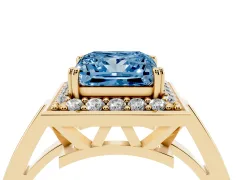Fancy Blue Princess Cut Diamond Halo Ring Set in Yellow gold with Accent-Lined Split Shank and Prong Setting