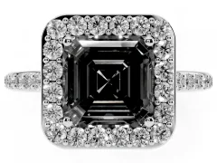Fancy Black Asscher Cut Diamond Halo Engagement Ring Set in Silver with Round Pavé Shoulders and Heart Gallery