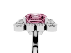 Fancy Pink Asscher Cut Diamond Cluster Halo Ring Set in White gold with Milgrain Bezel Accents and Plain Band