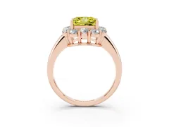 Fancy Yellow Princess Cut Diamond Milgrain Halo Solitaire Ring Set in Rose gold with Bezel Set Side Stones and Pavé Band