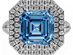 Fancy Blue Asscher Cut Diamond Double Halo Ring Set in Platinum with Pavé Band