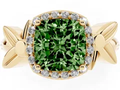Fancy Green Cushion Cut Diamond Halo Floral Band Ring Set in Yellow gold with Prong Setting