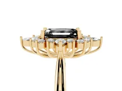 Fancy Black Emerald Cut Diamond Cluster Halo Ring Set in Yellow gold with Marquise and Round Accents
