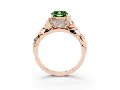 Fancy Green Cushion Cut Diamond Leaf-Inspired Engagement Ring Set in Rose gold with Round Accents