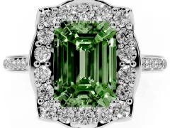 Fancy Green Emerald Cut Diamond Halo Ring Set in Silver with Pavé-Lined Shoulders and Prong Setting