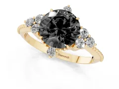 Fancy Black Round Cut Diamond Cluster Ring Set in Yellow gold with Beaded Band
